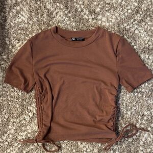 Zara Brown Ruched Short Sleeve Tee